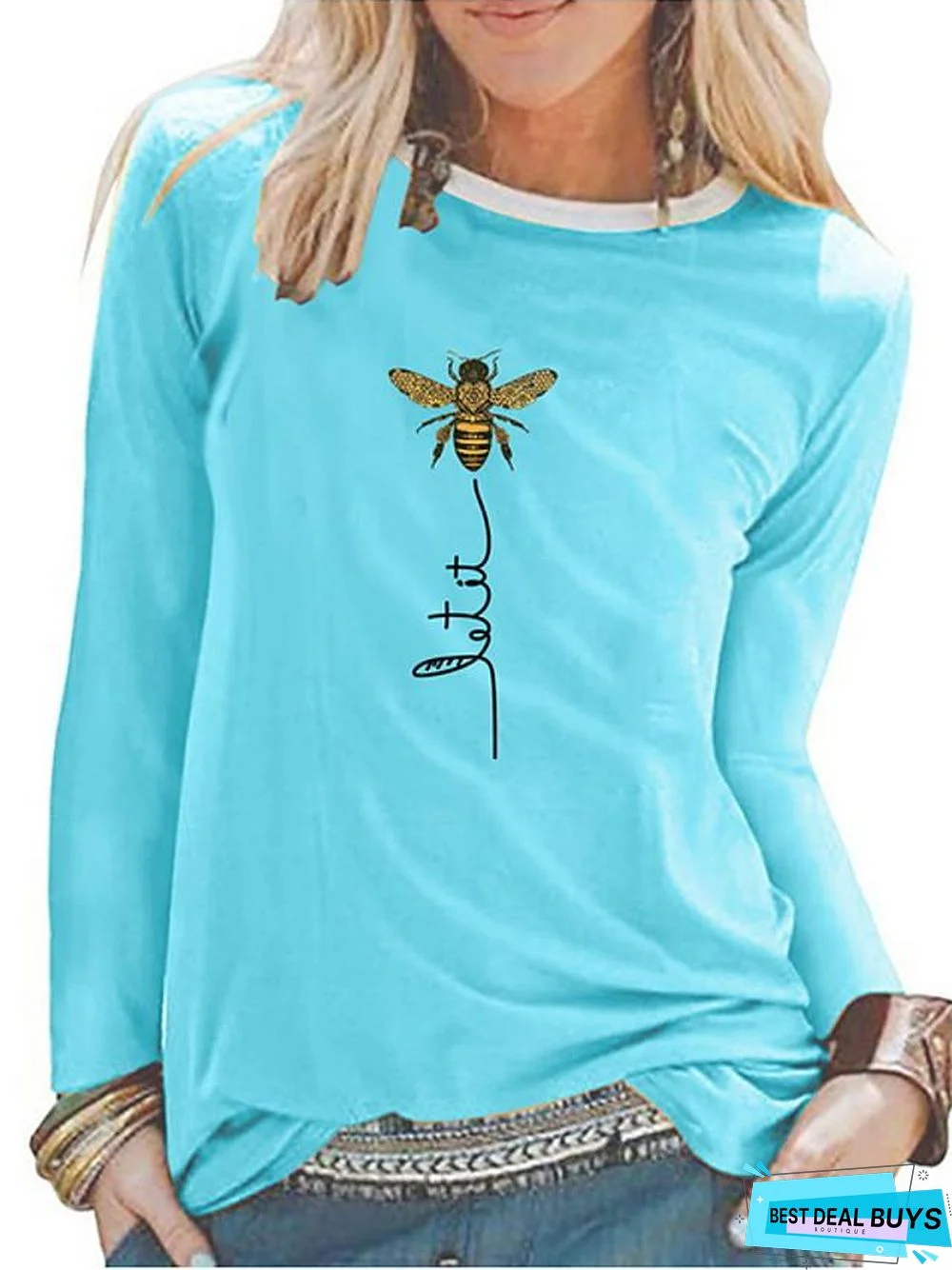 Women's T-shirt Graphic Prints Long Sleeve Round Neck Tops Cotton Basic Top White Black Blue