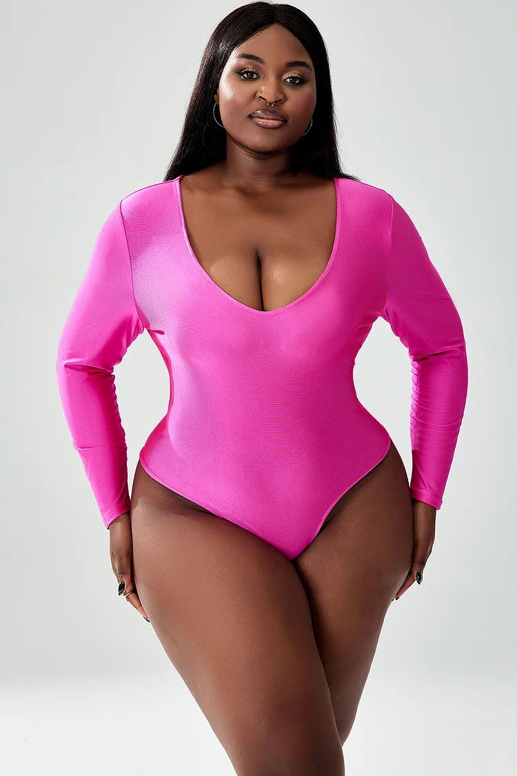 Xpluswear Design Plus Size Casual Bodysuit Pink V- Neck Long Sleeve Knitted Bodysuit [Pre-Order]