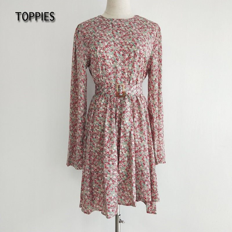 Toppies 2021 Mini Dress Print O Neck Long Sleeve Belt Sweet Crushed Floral Dress Casual Women Colorful Holiday Dress