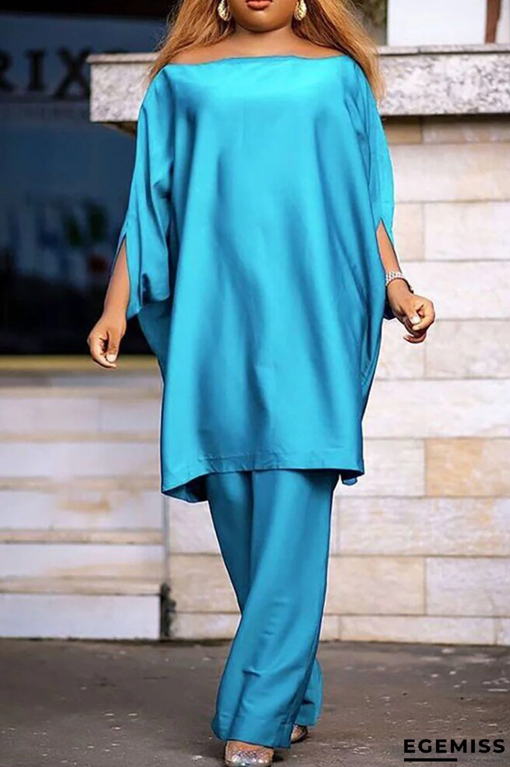 Blue Casual Solid Patchwork Off the Shoulder Three Quarter Two Pieces | EGEMISS