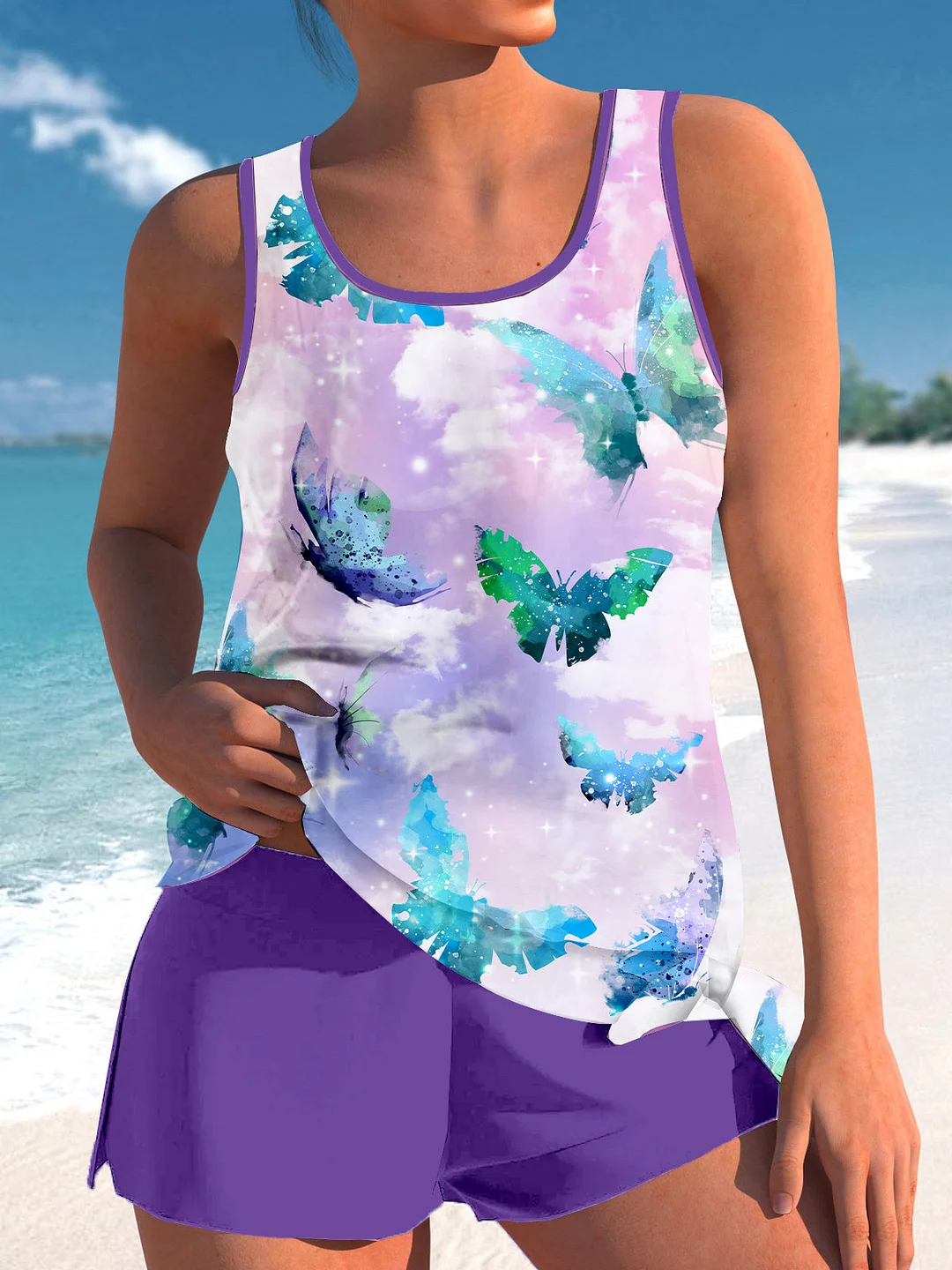 Bowknot Purple Graphic Printed Mid Waisted Tankini Set - Plus Size Available