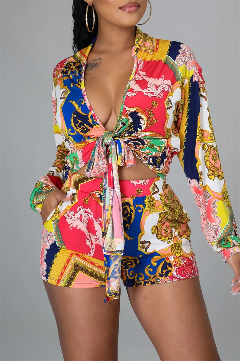 Fashion Casual Print Bandage V Neck Long Sleeve Two Pieces