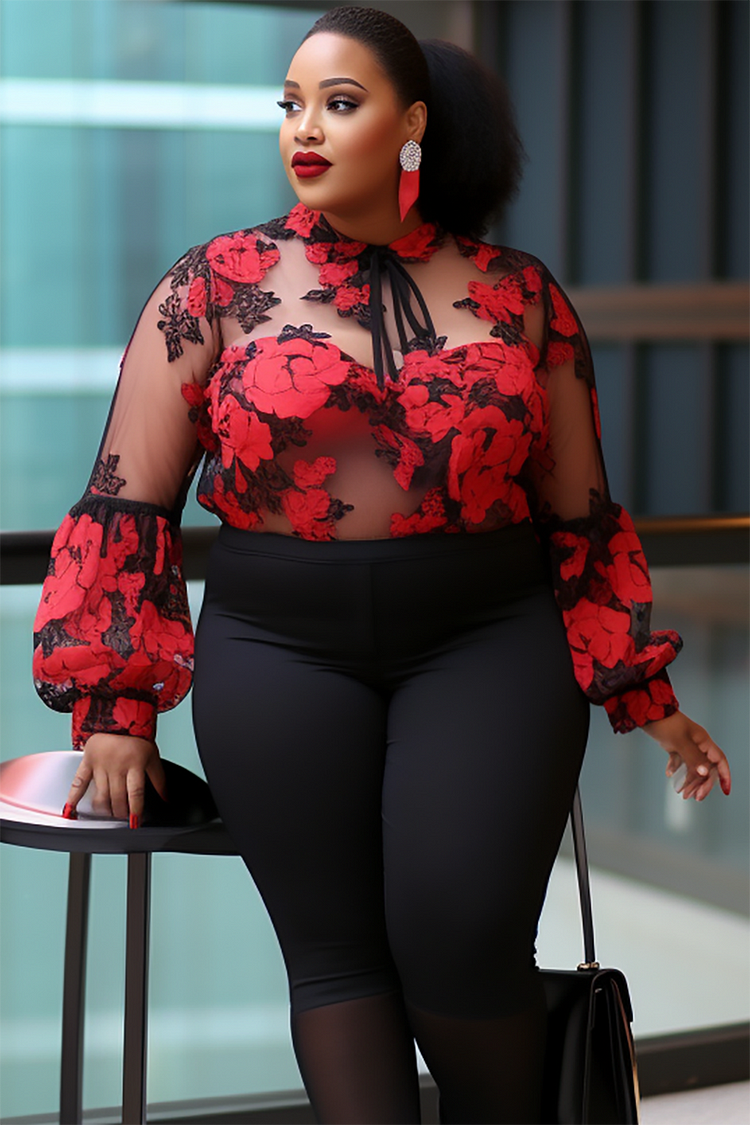 Xpluswear Design Plus Size Semi Formal Red All Over Print Spring