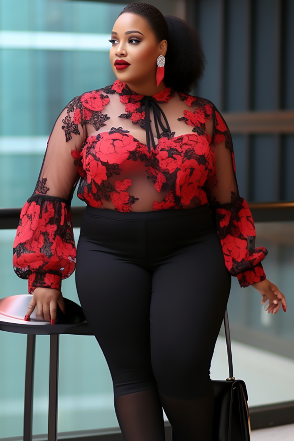 Design Plus Size Semi Formal Red All Over Print Spring Summer Lantern Sleeve Long Sleeve See Through Mesh Blouses [Pre-Order]