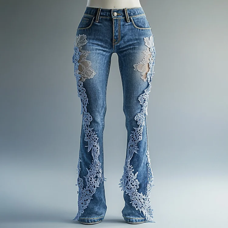 Ursime High Rise Lace Patchwork Denim Bootcut Jeans