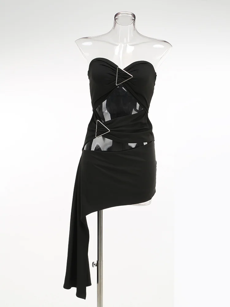 Zingj Women's New Sexy Shoulder Hollow Dress Metal Buckle Decoration Ribbon Bag Ass Dress Dress Dress Woman