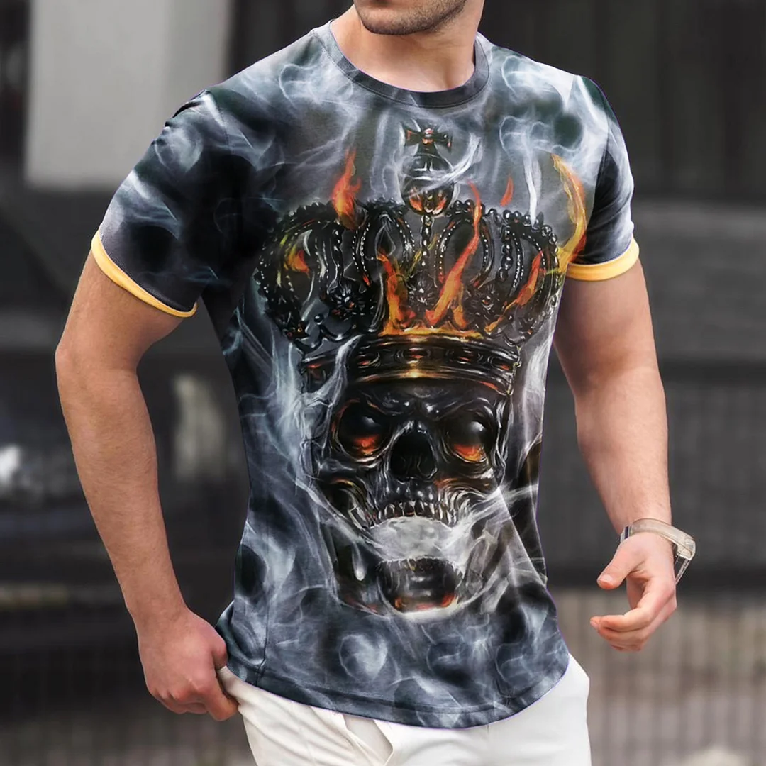 Men's Fashion Flame Skull Print Colorblock Casual Short Sleeve T-Shirt