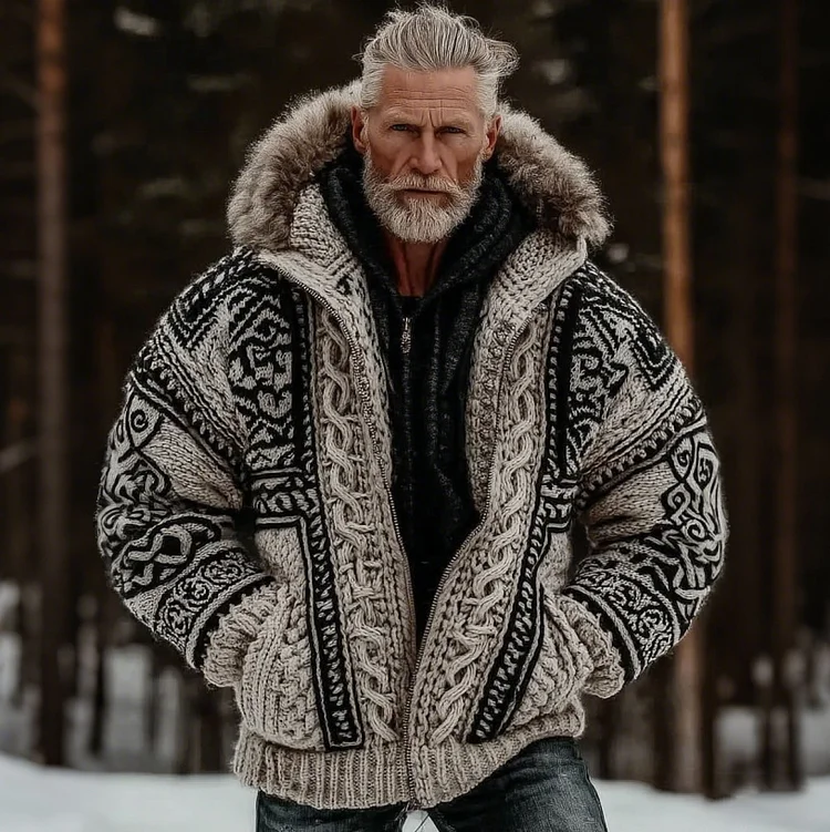 Men's Viking Celtic Knot Cozy Fur Hooded Cardigan