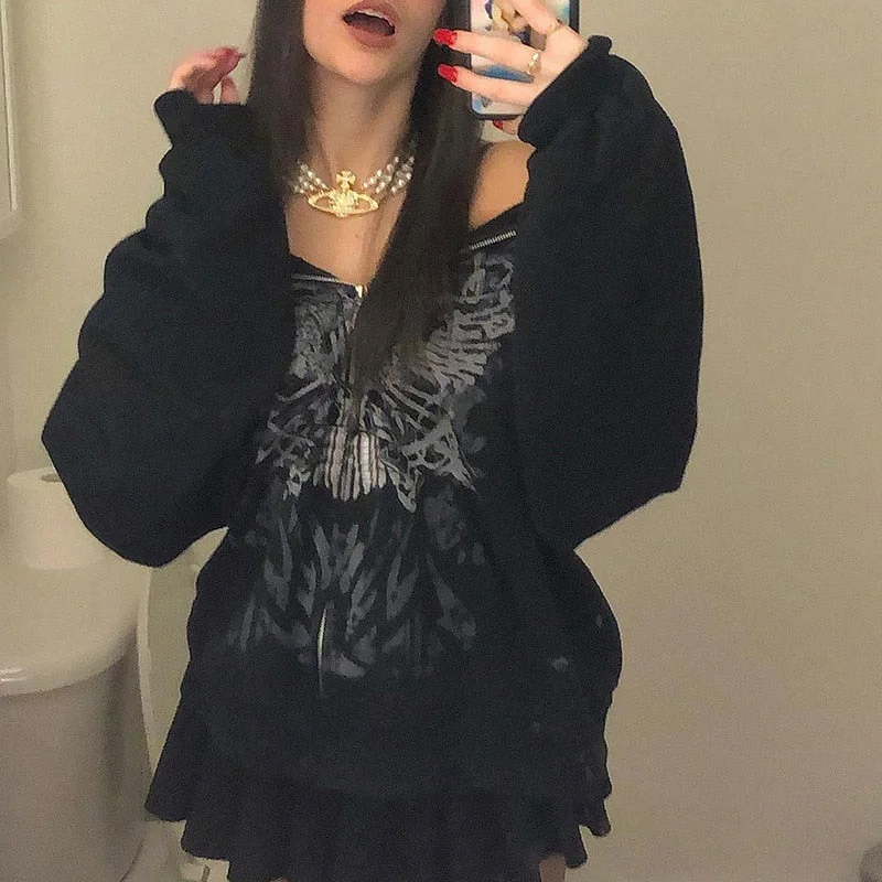 Christmas Gift Y2K Gothic Butterfly Print Oversize Zip Up Hoodies 2021 Winter New Grunge Long Sleeve Sweatshirt Casual Hooded Jacket Streetwear