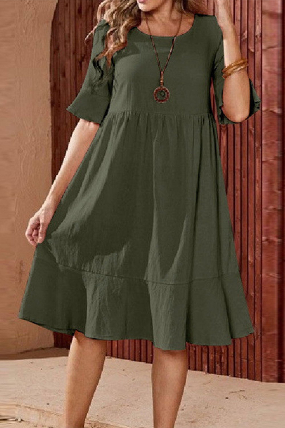 Plus Size Everyday Army Green Cotton And Linen Flare Sleeve Midi Dress 2024 - Flycurvy 