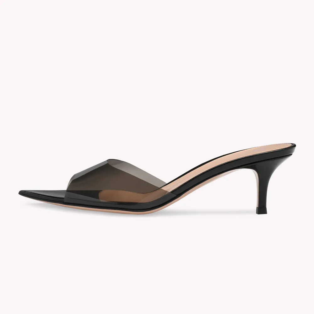 Women's Black PVC Mid Stiletto Heel Pointy Toe Mules Shoes