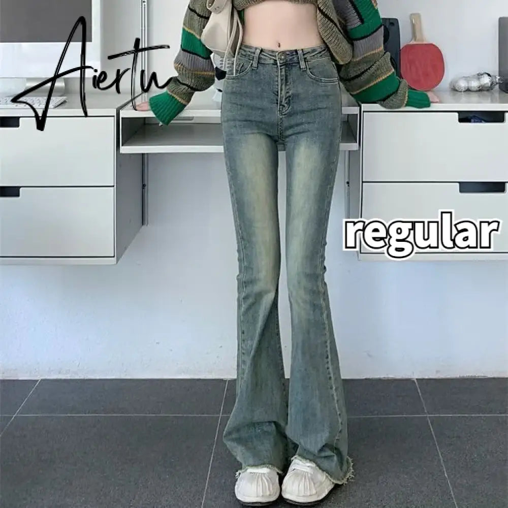 Flare Jeans Women Skinny High Waist Aesthetic Y2k Clothes Denim Trousers Vintage Washed Retro Mopping Korean Fashion Street New Aiertu