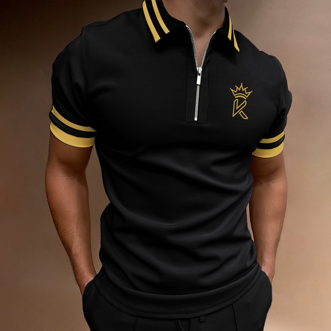 Men's Casual Color Matching Short Sleeve Zipper Polo Shirt Crown K Pattern Print、、URBENIE