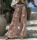 Women's Spring Floral Embroidered Art Print Flowy Linen Blend Casual Pants - Image 2