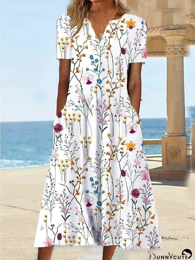 Casual Dress Sundress Summer Dress Floral Pocket Print V Neck Midi Dress Active Fashion Outdoor Date Short Sleeve Regular Fit White Yellow Red Summer Spring S M L XL XXL for Women