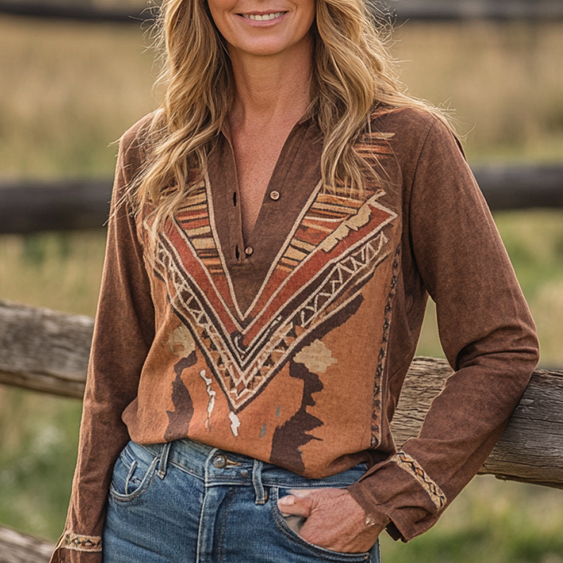 Women's Vintage Linen Bohemian Style Geometric Print Long Sleeve Tops Brown