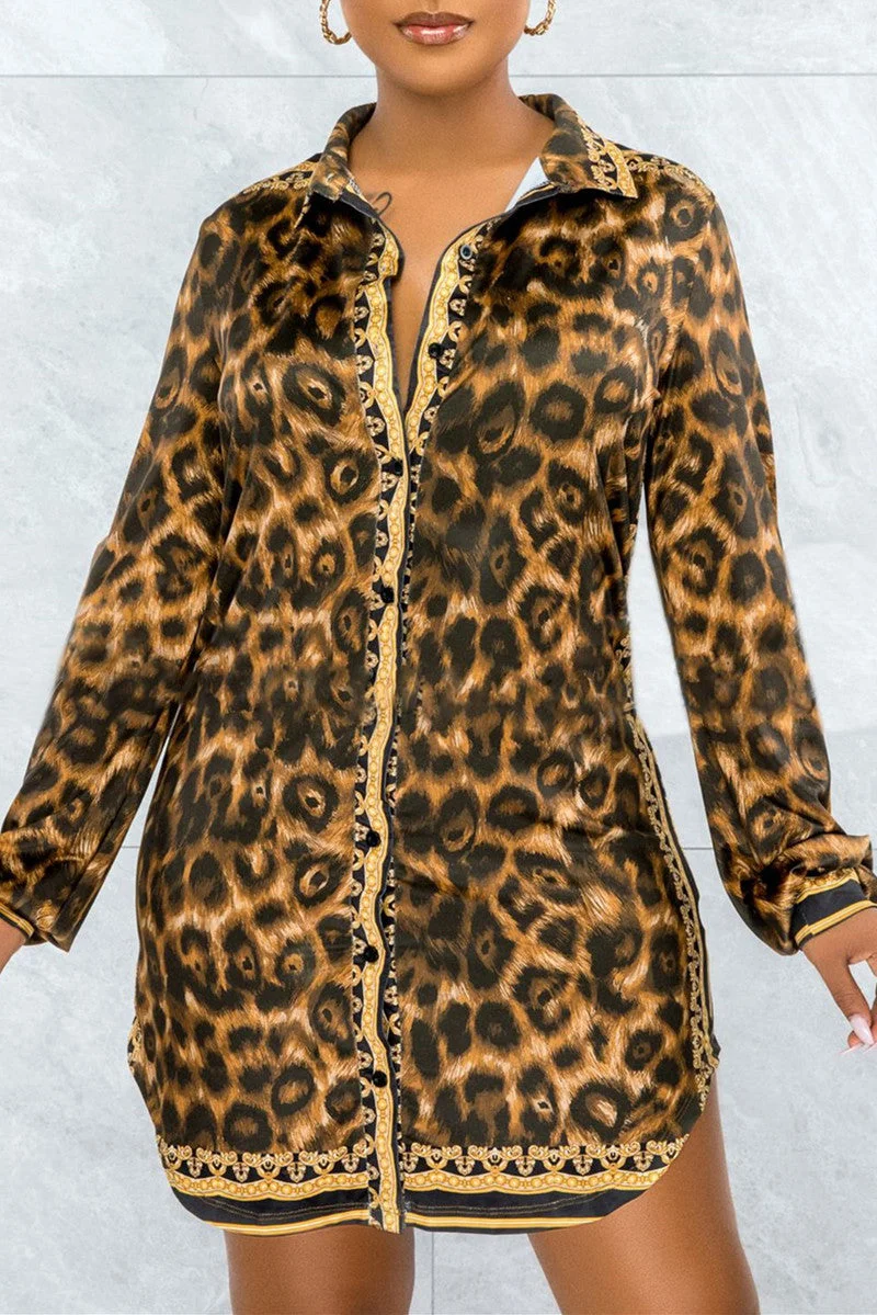 Fashion Casual Print Leopard Split Joint Turndown Collar Shirt Dress