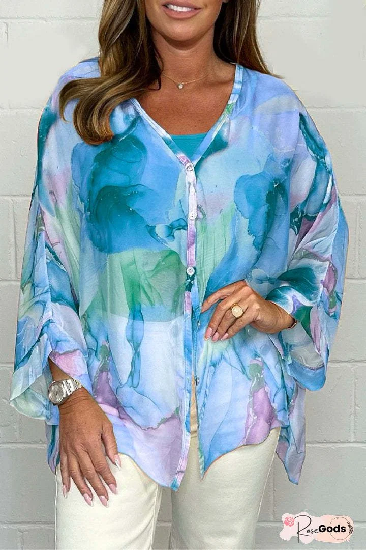 Casual Chiffon Floral-Print V Neck Top