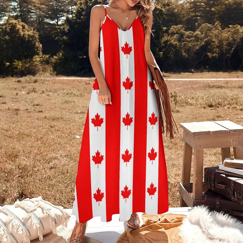 maxi beach dresses canada Canadian Flag Of Red Maple Leaf Women's Casual Strappy V Neck Sleeveless Flowy Loose Long Dress Sundress BS Blue Silver Gown | Size:10.5M/12.0W perfect for luxury holidays