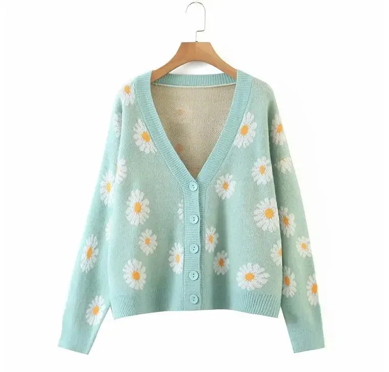 Oocharger Button Down Sweater Cardigan Women Loose Knit Coat Autumn Spring Casual Lady Long Sleeve V Neck Floral Outerwear Sweater