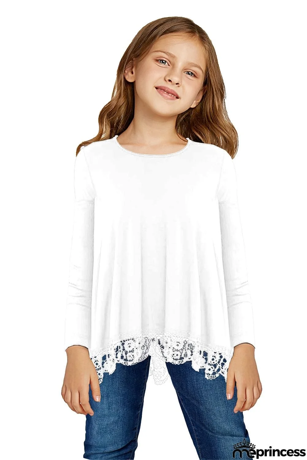 Long Sleeve Lace Trim O-neck A-line Tunic Blouse