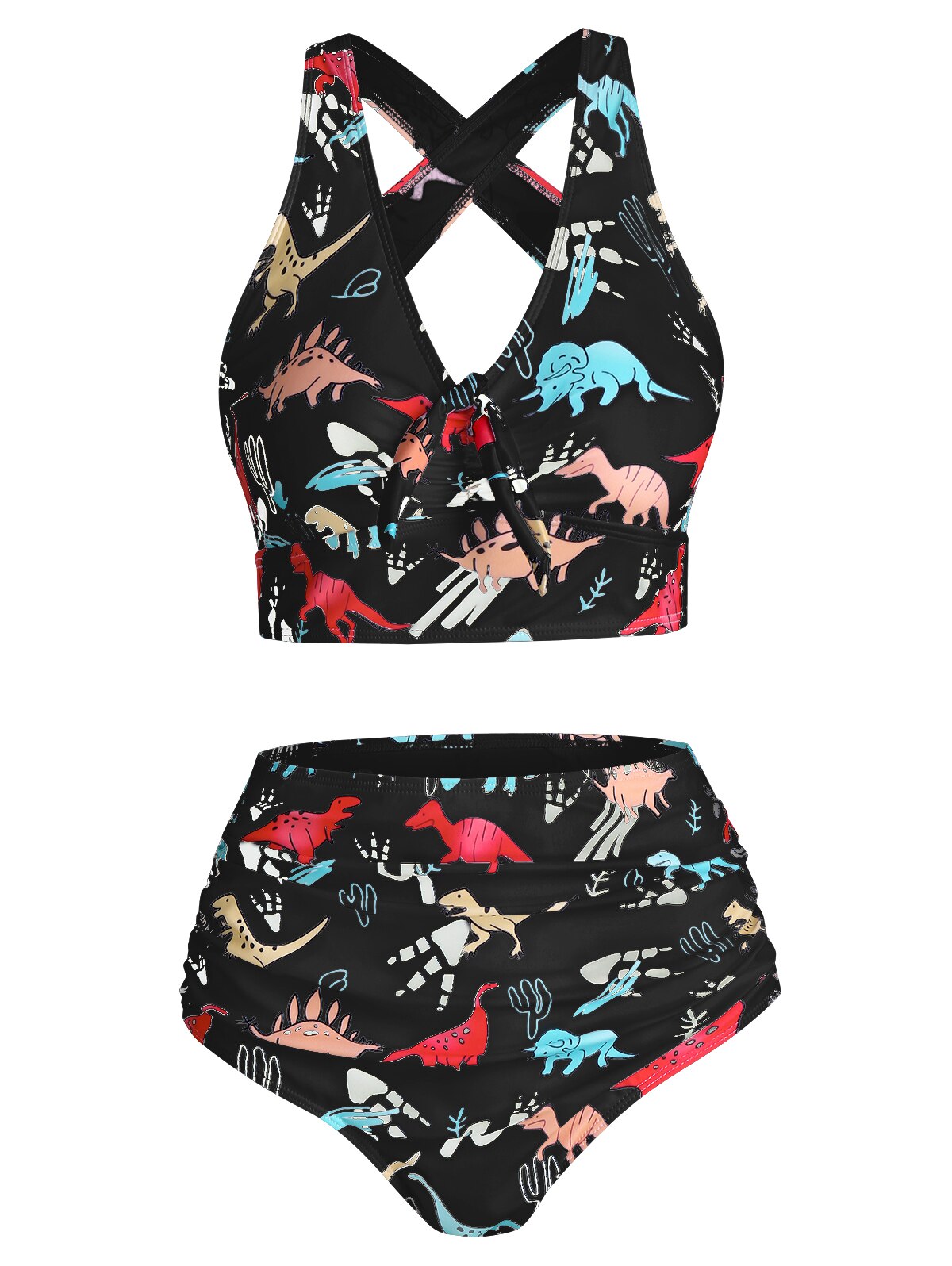 LANFUBEISI  Sexy Women High Waist Bikini Swimsuit Swimwear Female Bandeau Cartoon Dinosaur Print Bow Detail Padded Tankini Set Bather LANFUBEISI