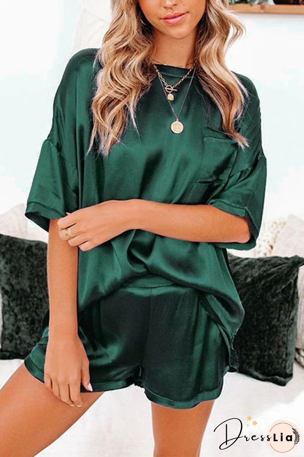 Satin Short Sleeve Two Piece Sets