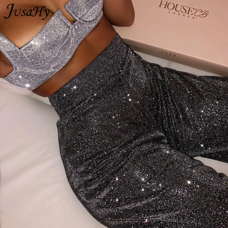 JuSaHy Sexy Translucent High Waist Bright Silk Straight Pants for Women Y2K Fashion Loose Wid-Leg Pants Party Clubwear Hot