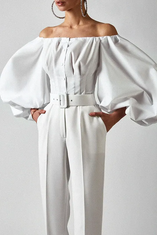 Statement sleeve blouse with trousers for brunch
