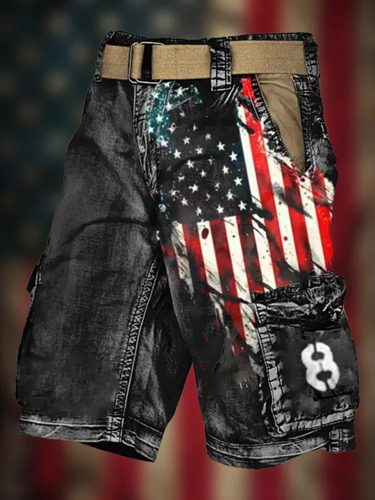 Men's Retro Flag Independence Day Contrast Multi-Pocket Print Cargo Shorts