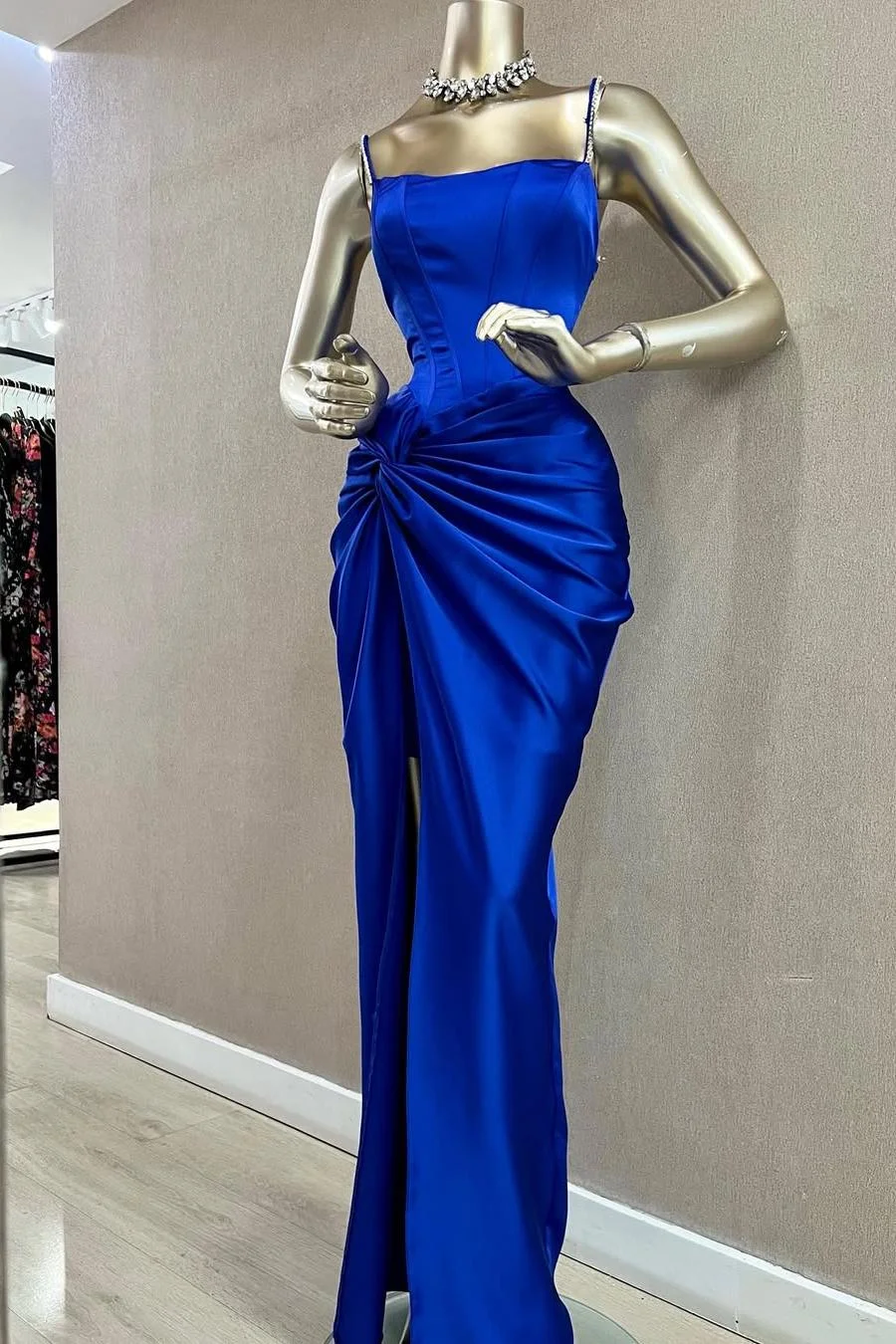 Miabel Chic Royal Blue Satin Spaghetti Strap Pleated Sleeveless Prom Dress with Split 