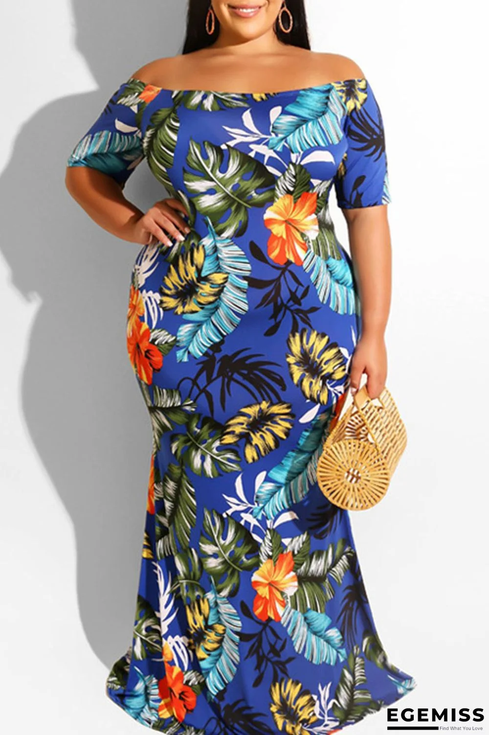 Tibetan Blue Casual Print Patchwork Off the Shoulder Straight Plus Size Dresses | EGEMISS