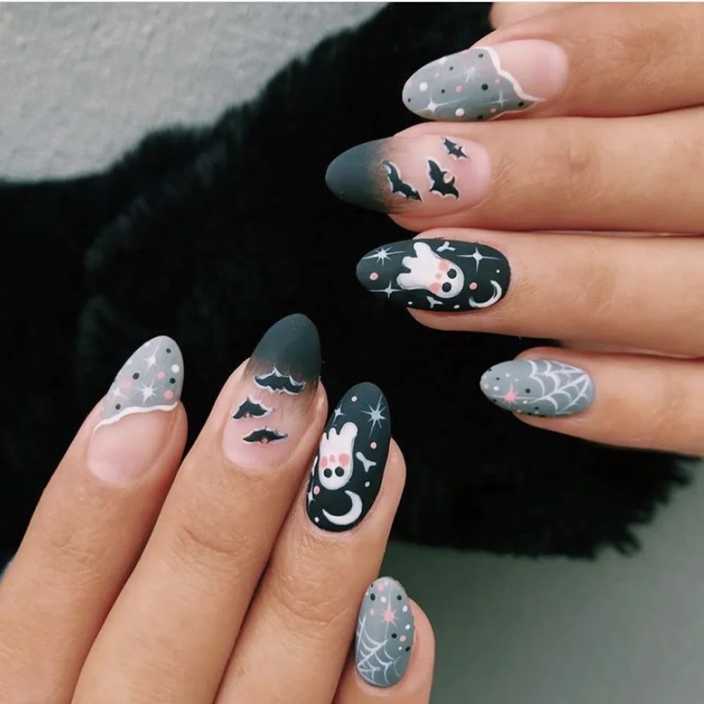 Churchf Churchf Almond Nail Scrub Spider Web Ghost Bat Halloween Element Fake Nail Finished Wear Armor Holiday Nail
