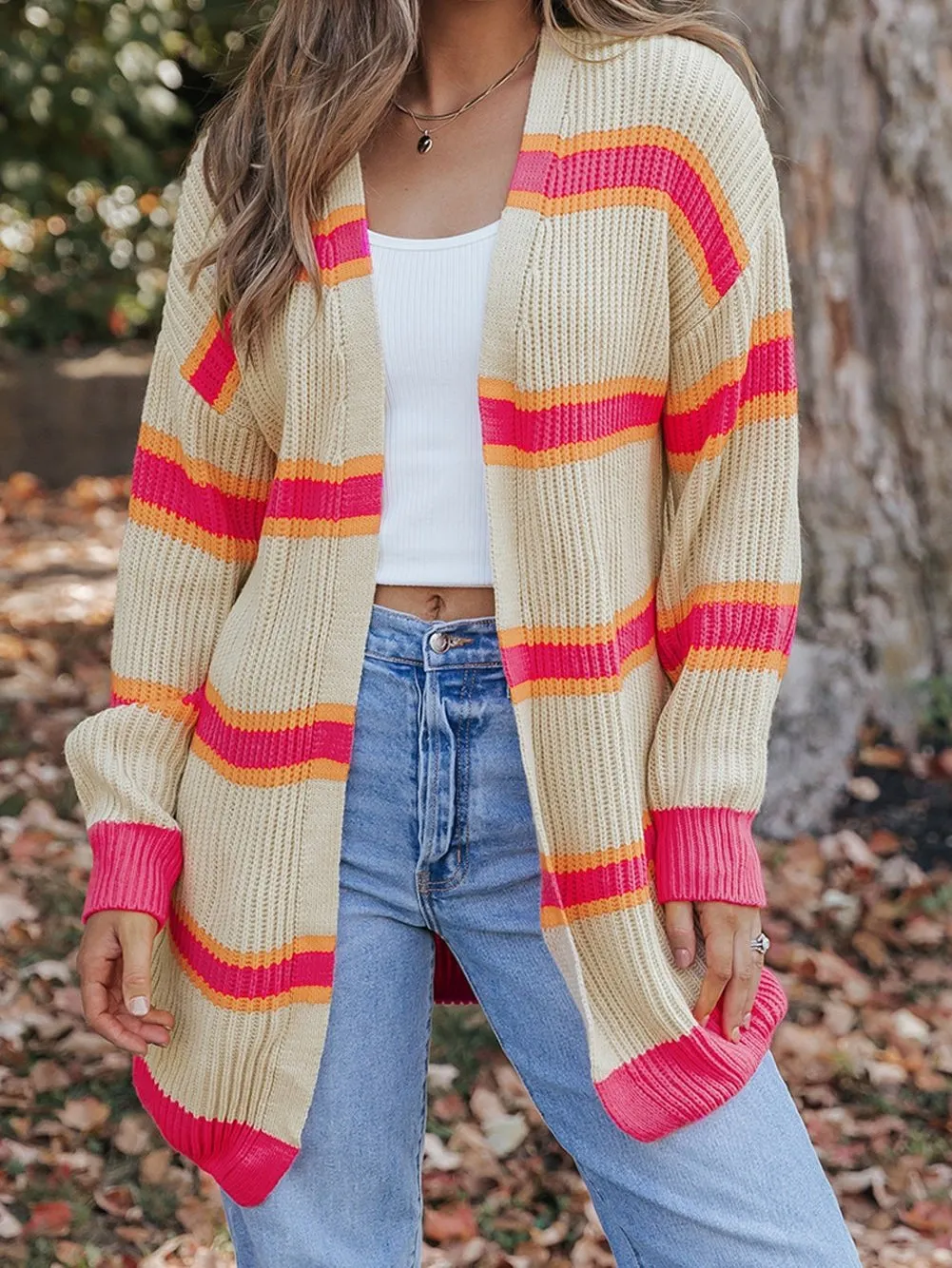 Ribbed Knit Long Cardigan with Striped Print