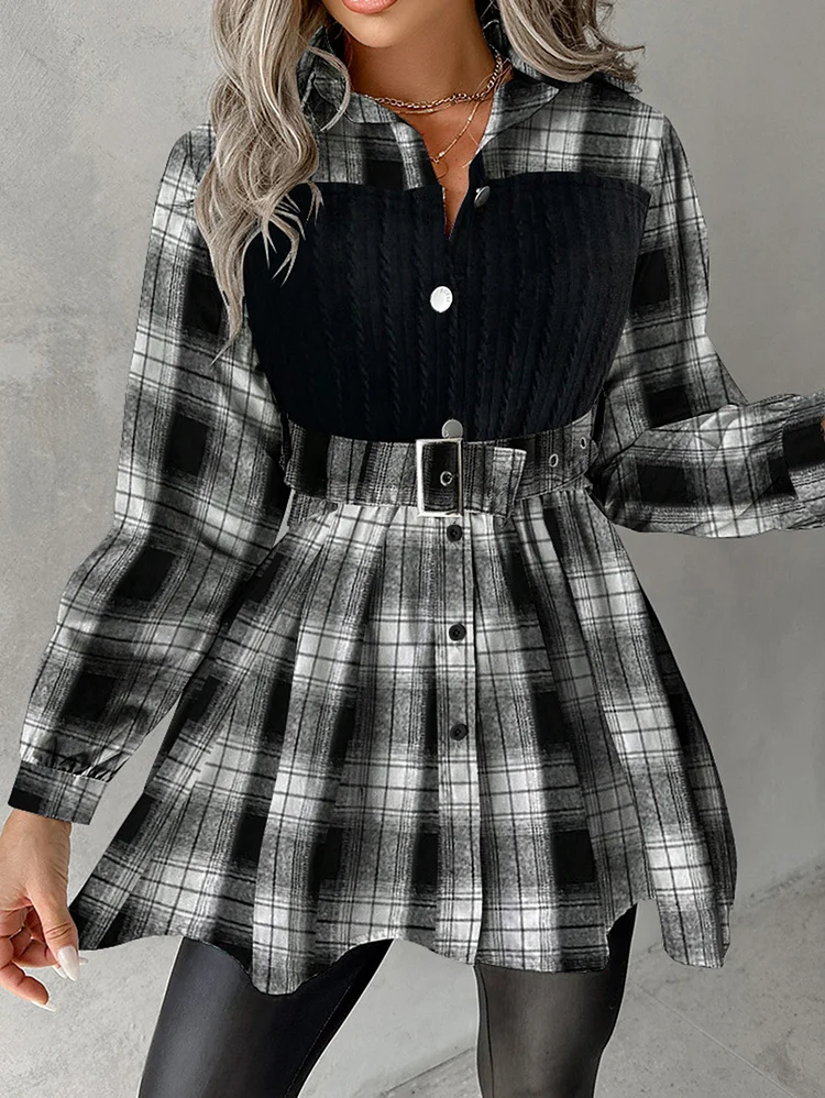 Casual Colorblock Patchwork Single Breasted Turndown Collar Blouse