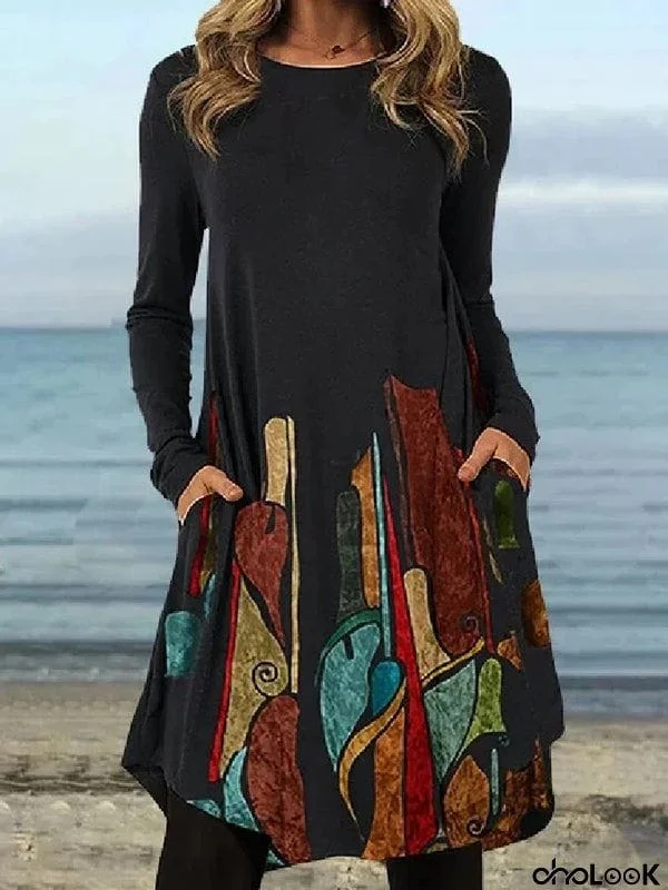 Casual Long Sleeves Loose Contrast Color Printed Round-Neck Mini Dresses