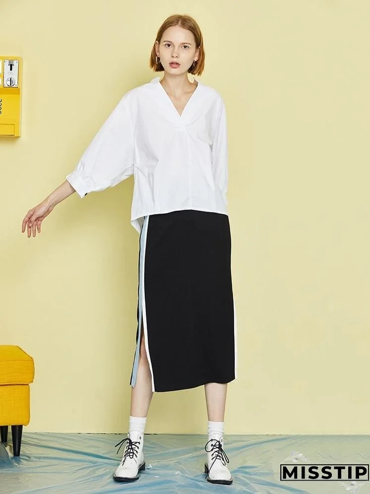 Women Loose Blouse Cotton Back Button Solid V-Neck Casual Shirt