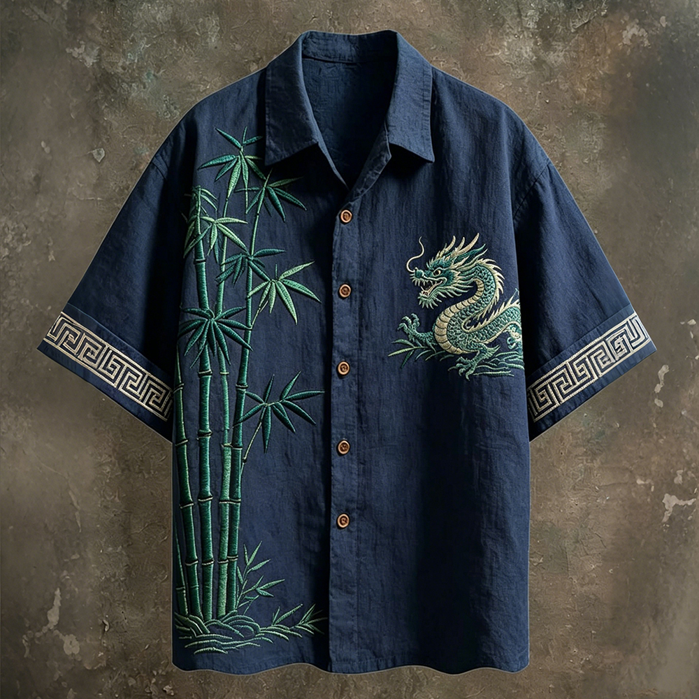 Comstylish Men's Vintage Bamboo & Dragon Art Short Sleeve Linen Shirt