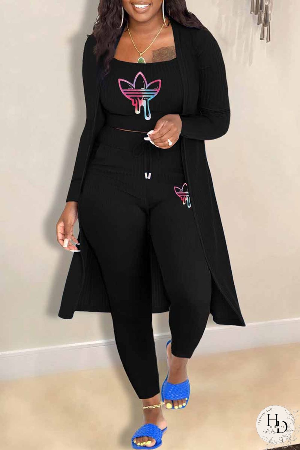 Black Casual Print Patchwork Long Sleeve Three Pieces