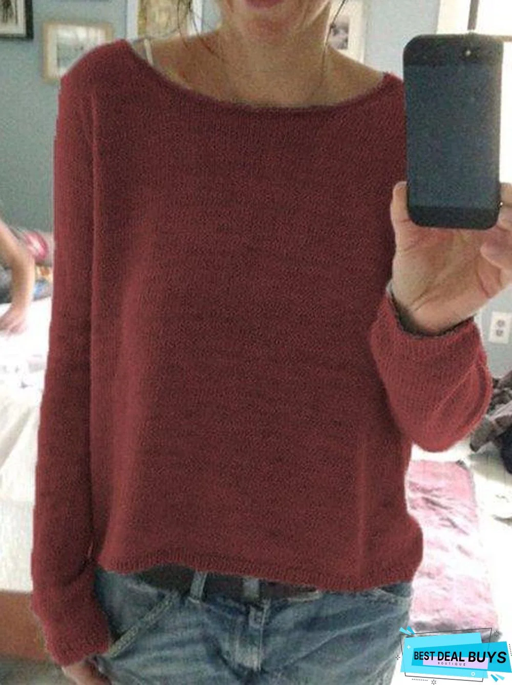 Casual Shift Round Neck Plain Sweater