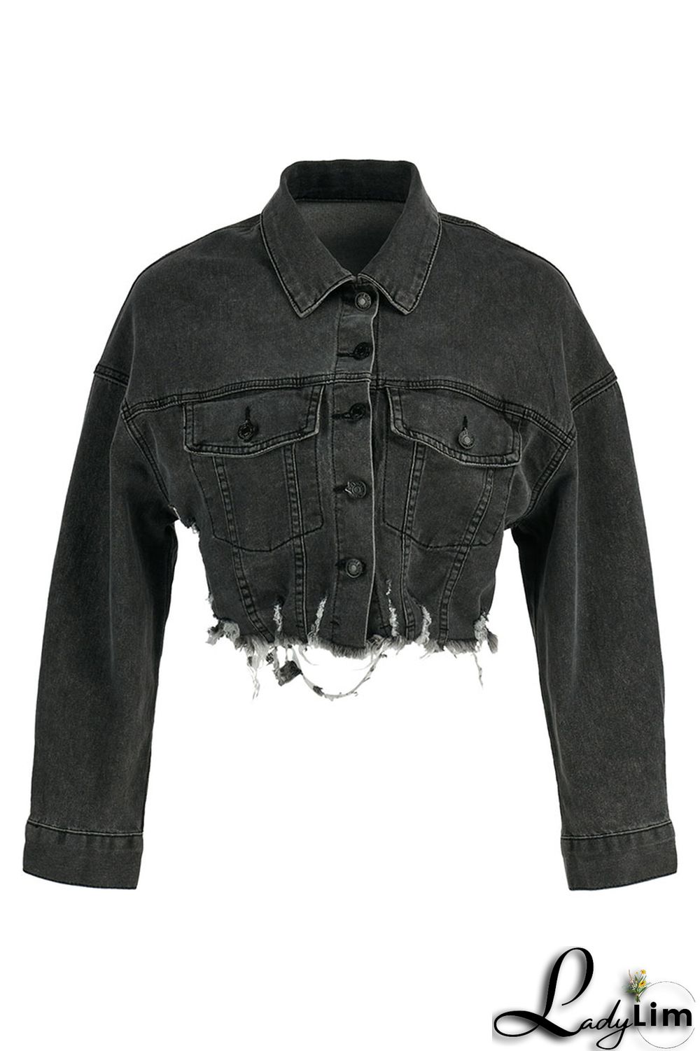 Black Yellow Street Print Make Old Patchwork Buckle Turndown Collar Long Sleeve Straight Denim Jacket