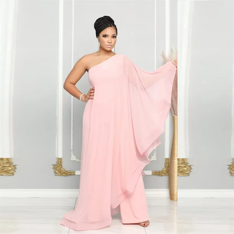 Brownm Chiffon One Shoulder Wide Leg Jumpsuit Women Night Party Birthday Outfits One Piece Romper Overalls Combinaison Femme
