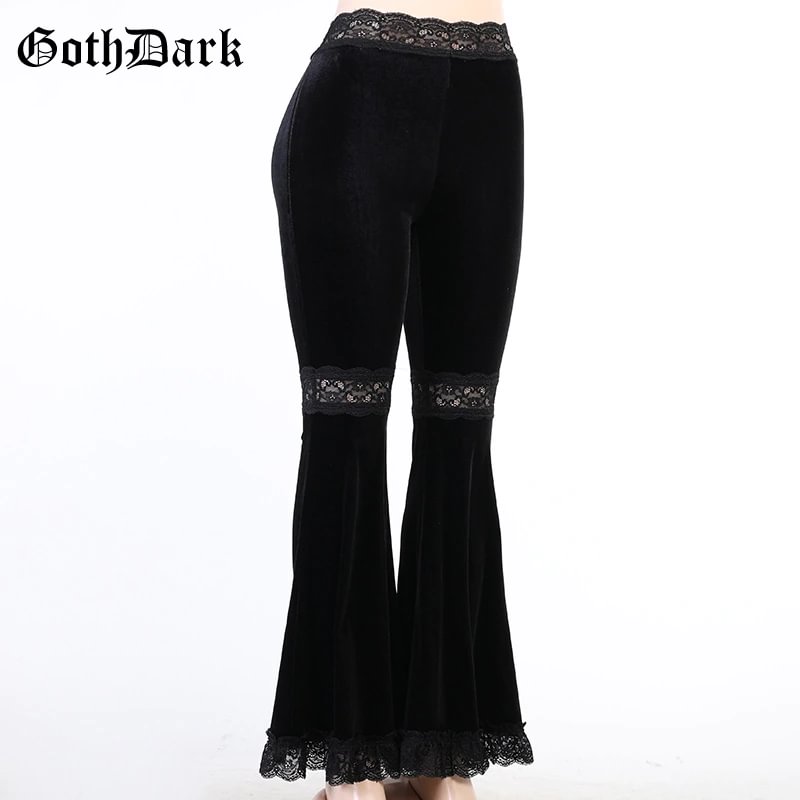 Fongt Dark Velvet Gothic Lace Patchwork Flare Pants Romantic Goth Vintage Grunge Skinny Women Trousers High Waist Streetwear Emo