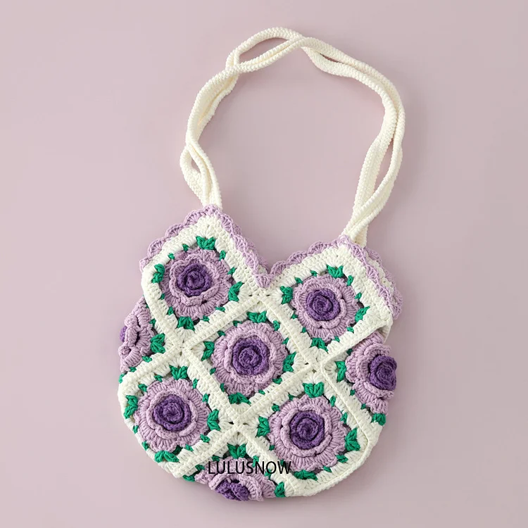 Lulusnow Handmade Purple 3D Rose Granny Square Crochet Tote Bag Shoulder Bag  Gift Christmas/Valentine's/Easter