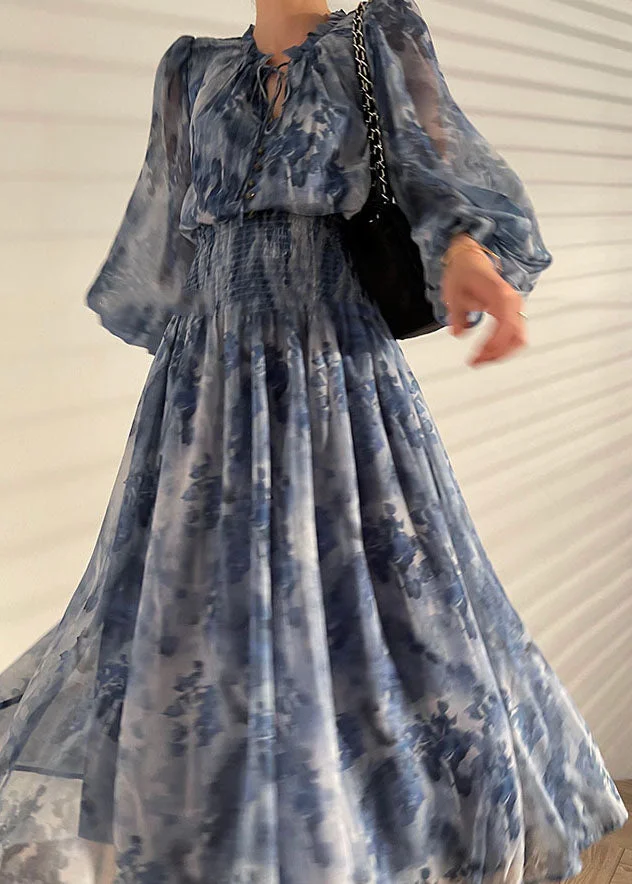Italian Blue V-Neck Print Wrinkled Chiffon Cinch Dress Spring