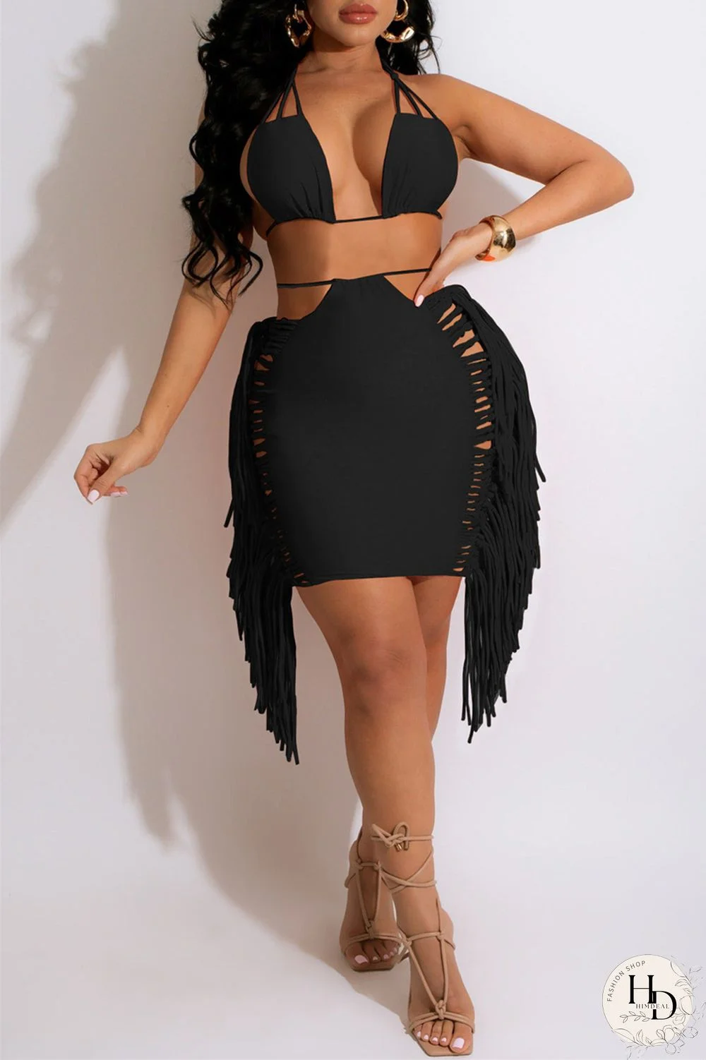 Black Sexy Solid Tassel Bandage Hollowed Out Backless Halter Sleeveless Two Pieces