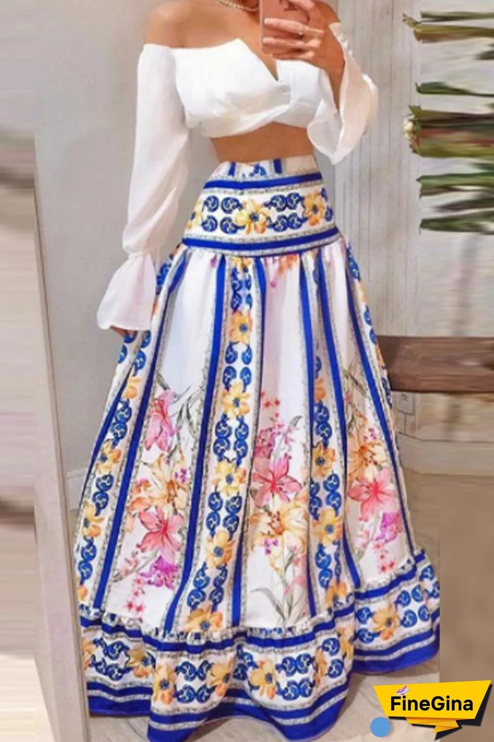 Sexy Print Flounce Contrast Off the Shoulder Long Sleeve Two Pieces