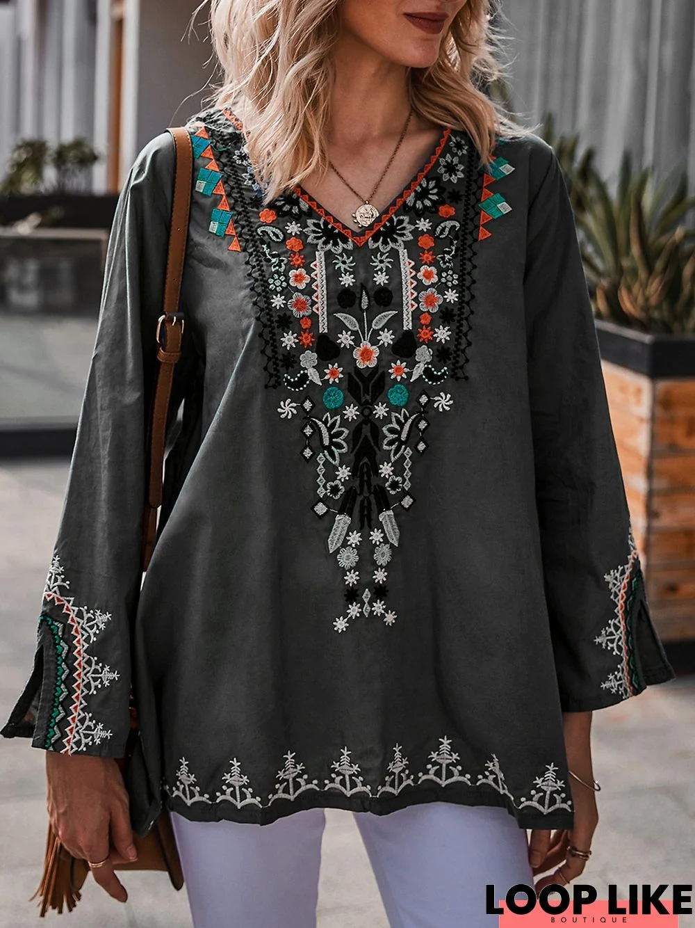 V-neck Long Sleeve Floral Embroidery Blouse