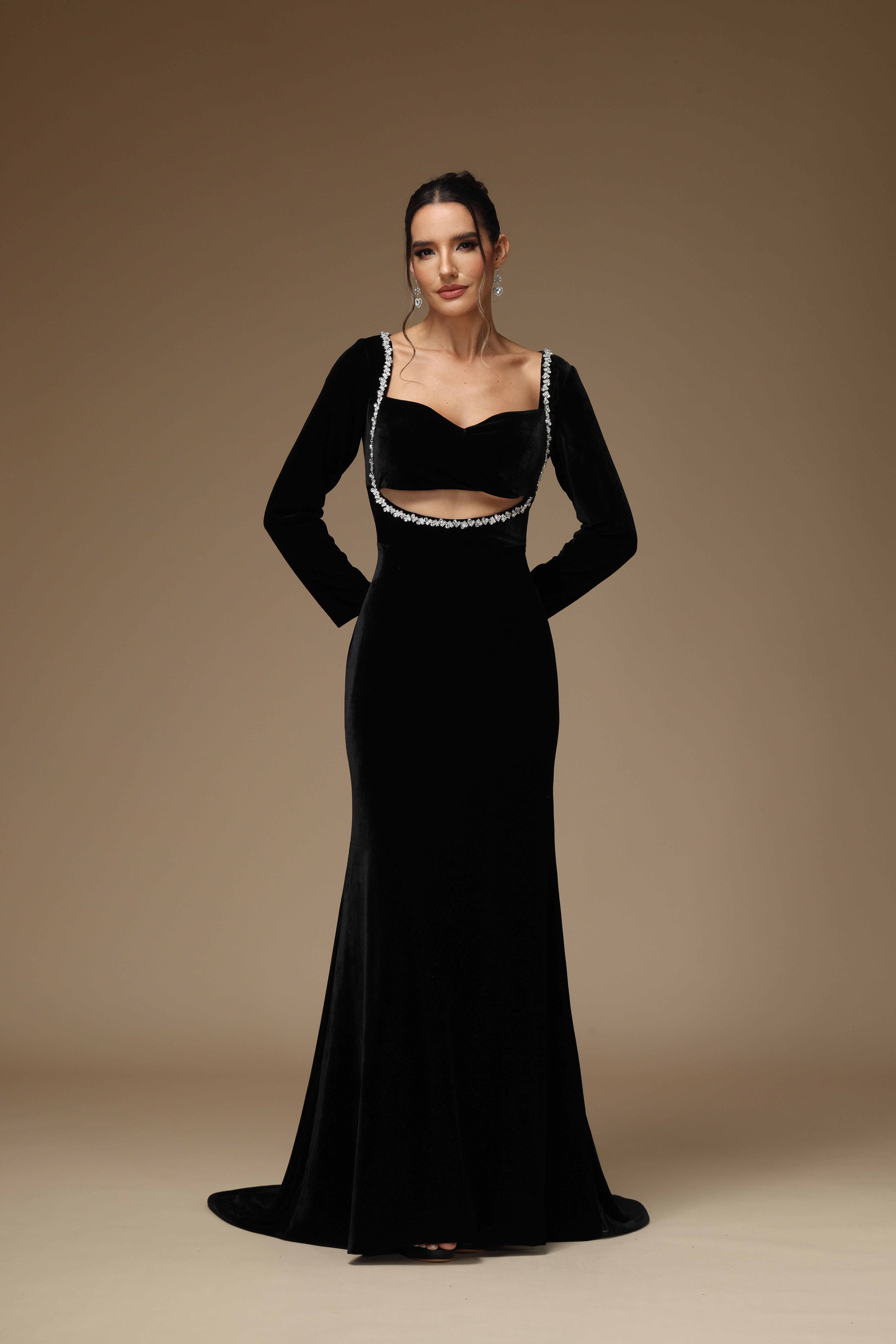 Ovlias Black Prom Dress Long Sleeves Black With Cut Out Gown YX0012