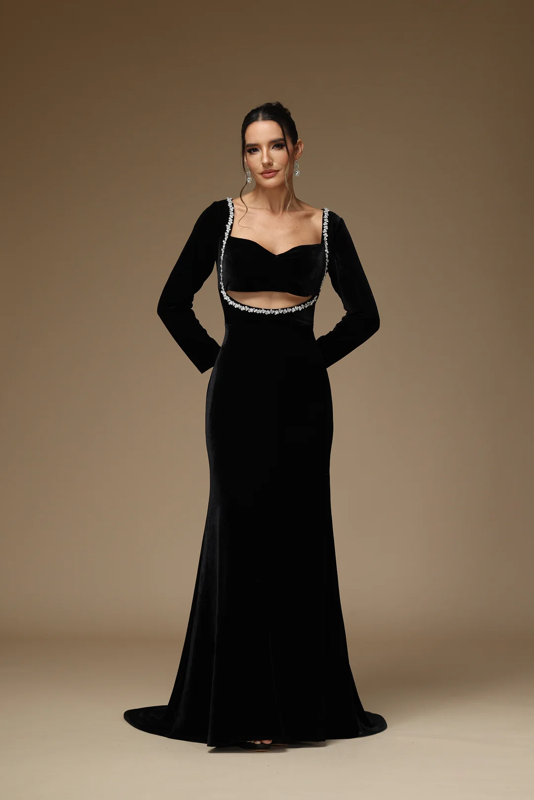 Okdais Black Prom Dress Long Sleeves Black With Cut Out Gown YX0012